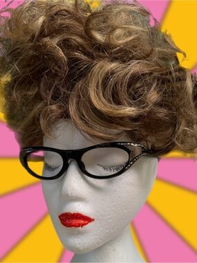 Exquisite French Black Cat-Eye Eyeglass Frames w/Aurora B. Rhinestone Accents